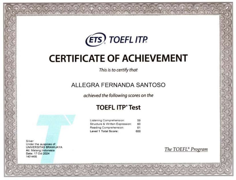 TOEFL Certificate